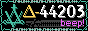 a 88×31 button labeled with an alchemical symbol for carbon in Gynokadin teal; "Δ-44203" with the symbols Δ- in triad-complementary yellow, the rest in white, and "beep!" in triad-complementary magenta. there is a small amount of data encoded onto the image in binary and as barcode. it is surrounded by a teal border interrupted by diagonal stripes.