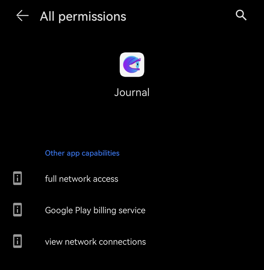 A list of all requested permissions by the Journal app, version 12.1: full network access, Google Play billing service, and view network connections.