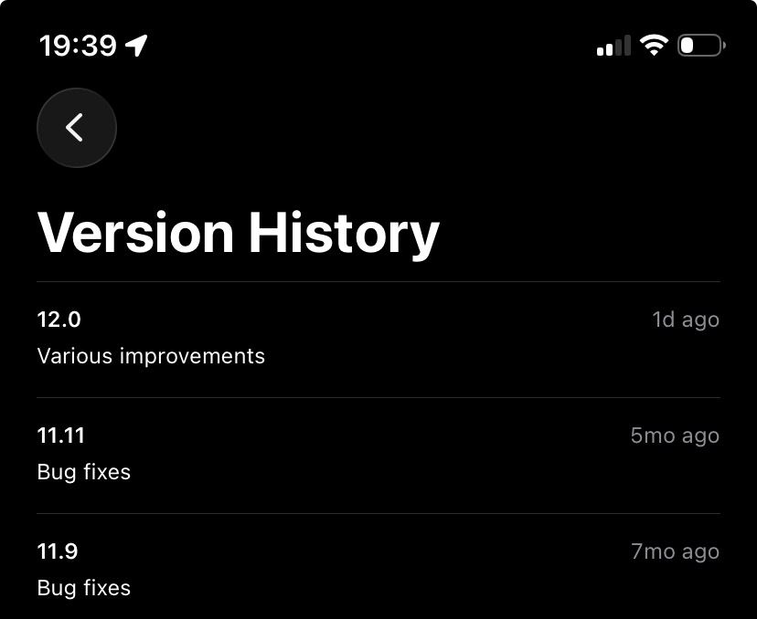 The version history of the app, as listed by the Apple App Store: 11.9 and 11.11 are listed with 'Bug fixes', while 12.0 gets listed with 'Various improvements'.